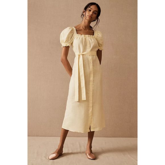 Sleeper Dresses & Skirts - Sleeper Brigitte Belted Linen Midi Dress Yellow Size Medium
